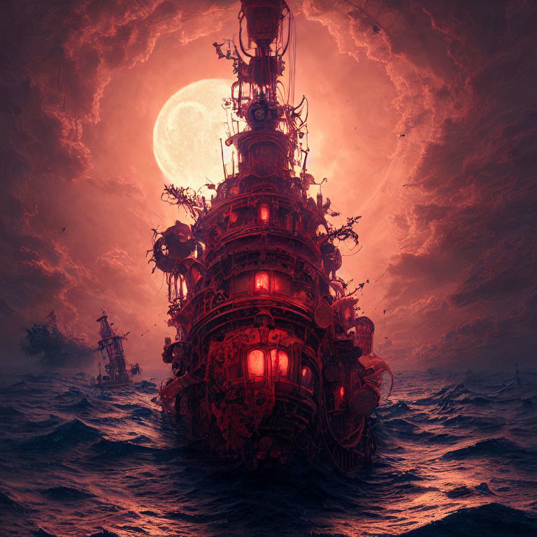 Towering illuminated ship sailing under massive moon in crimson waves