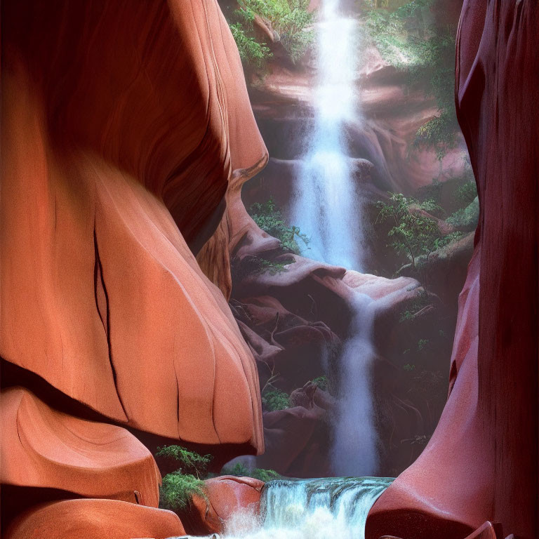 Tranquil waterfall in narrow sunlit canyon