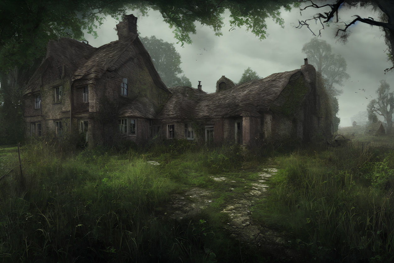 Abandoned cottage in misty forest with overgrown path