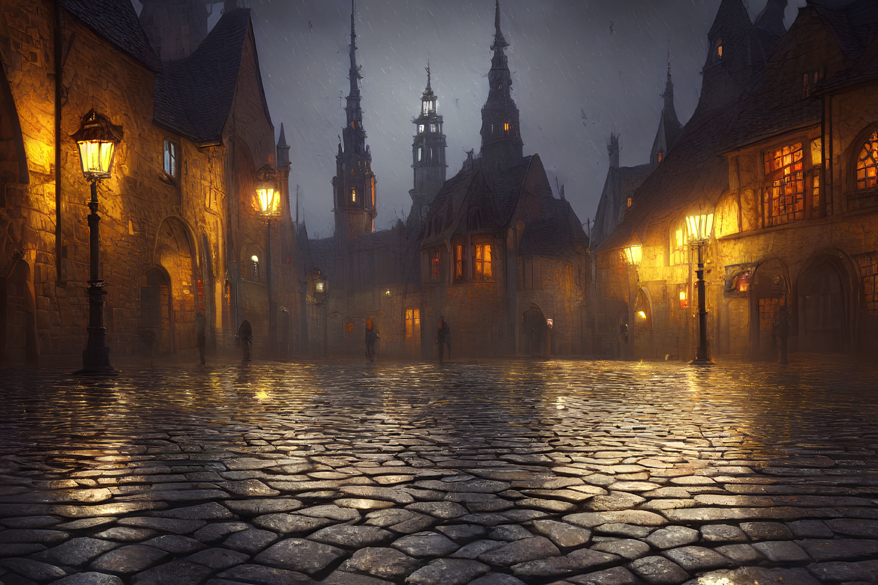 Rainy Evening Cobblestoned Square with Glowing Lamps