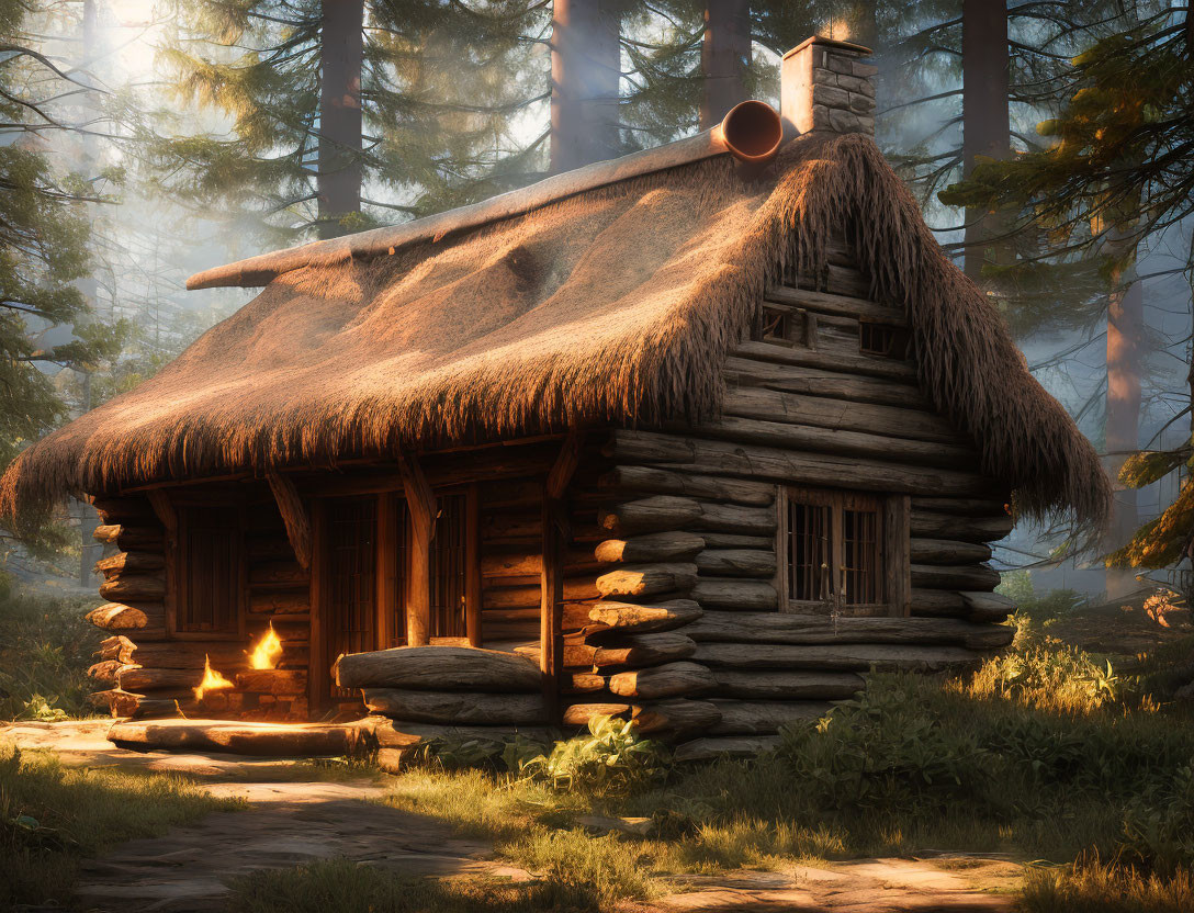 Thatched Roof Log Cabin in Sunlit Forest Clearing