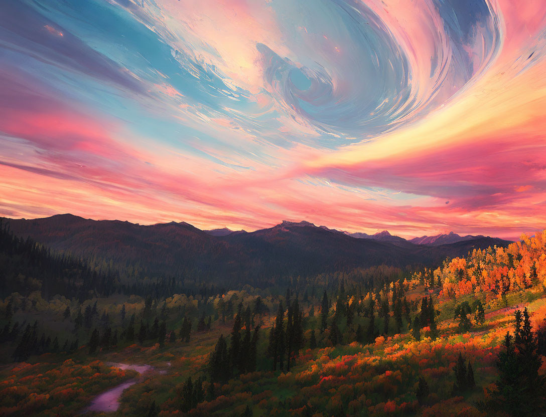 Colorful Sky Over Autumnal Forest and River