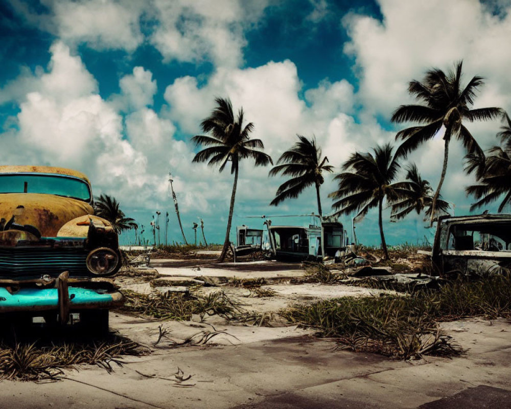 Abandoned vintage cars on sandy beach with palm trees under moody sky