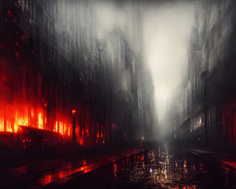 Flaming buildings and misty street scene with reflective cobblestones