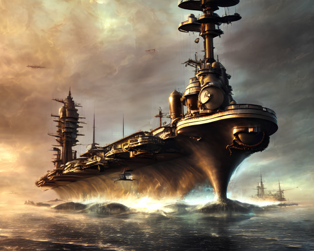 Futuristic battleships on high seas at sunset