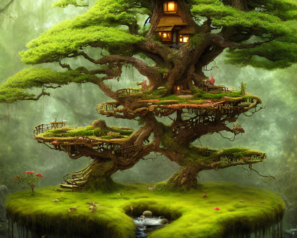 Enchanting treehouse in ancient tree amidst lush forest