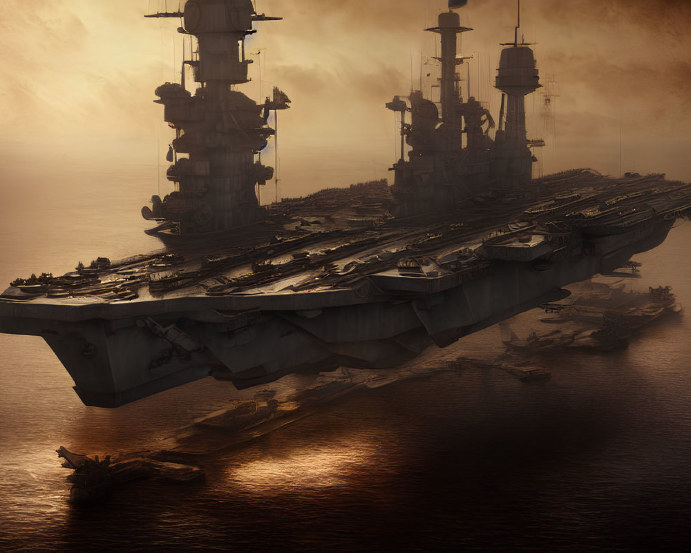 Futuristic aircraft carrier with towers and ships in misty atmosphere