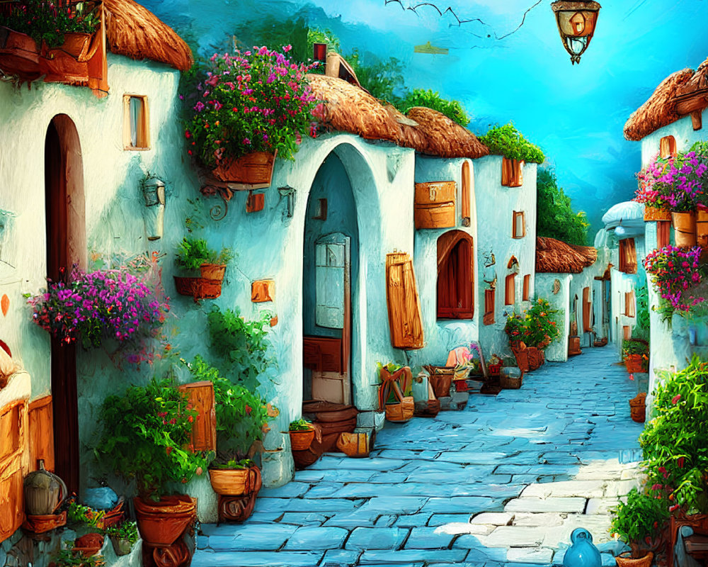 Picturesque cobalt blue stone street with white houses and colorful flowers.