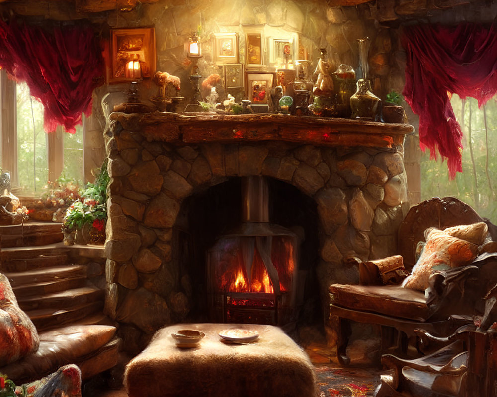 Rustic cabin interior with fireplace, wooden beams, plush seating, warm lighting