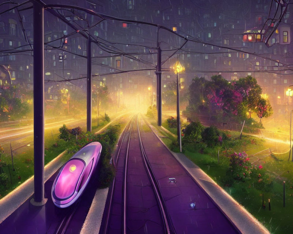 Futuristic purple train on elevated tracks in vibrant cityscape