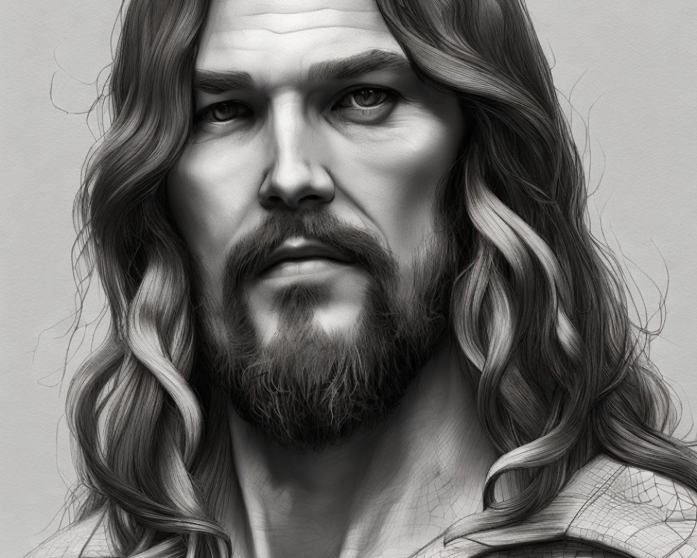 Monochrome digital portrait of a man with long hair, beard, intense gaze, and textured garment