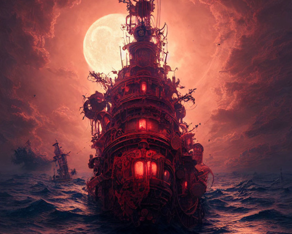 Towering illuminated ship sailing under massive moon in crimson waves