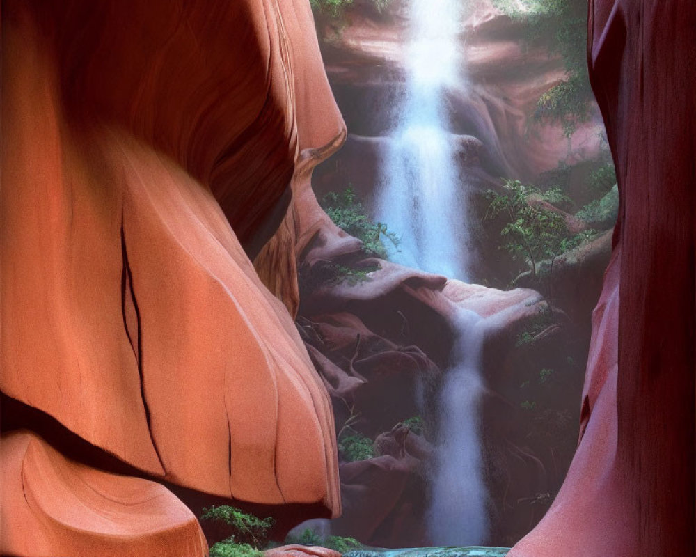 Tranquil waterfall in narrow sunlit canyon