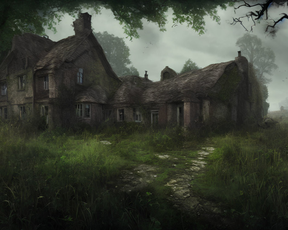 Abandoned cottage in misty forest with overgrown path