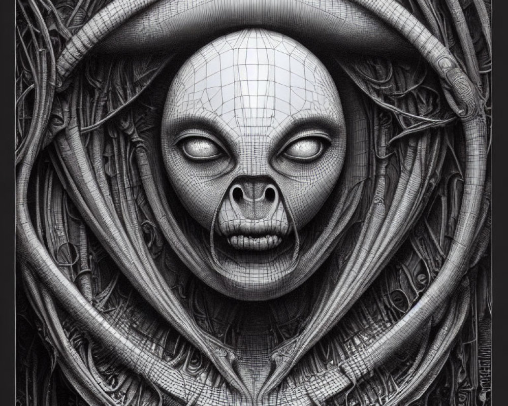 Detailed monochrome alien face drawing with large eyes and small mouth, set amidst intricate mechanical and organic textures