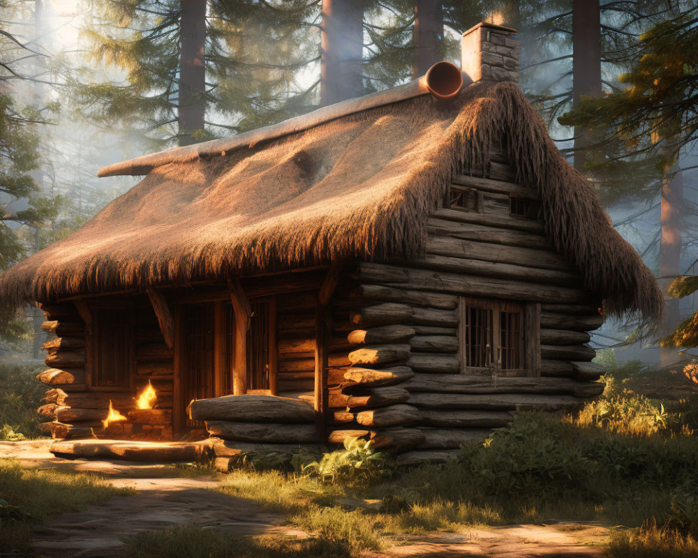 Thatched Roof Log Cabin in Sunlit Forest Clearing