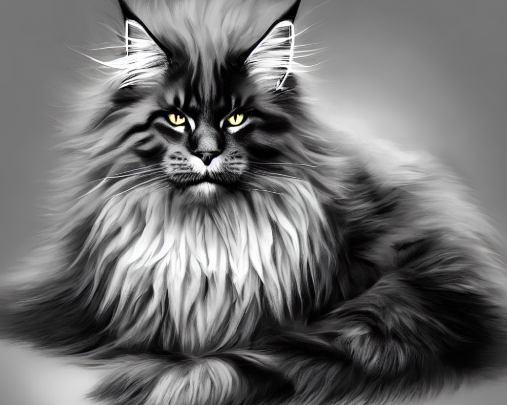 Fluffy long-haired cat with yellow eyes on grey background