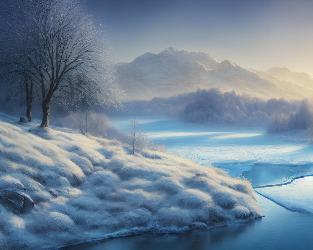 Snow-covered tree, frozen river, mountains in serene winter landscape