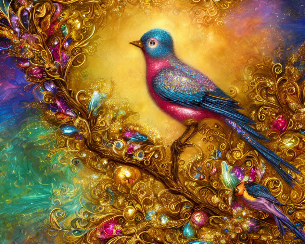 Iridescent birds in golden foliage with jeweled accents