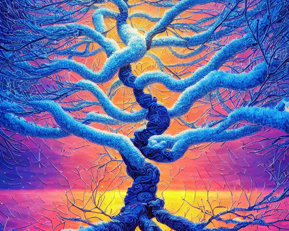 Symmetrical tree with intricate branches against colorful gradient sky