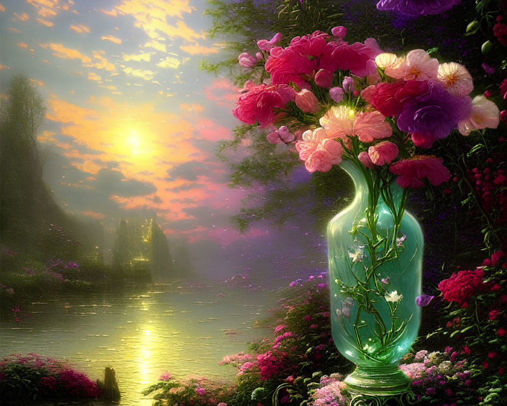 Colorful flower bouquet in green vase with sunlit waterscape and lush flora.