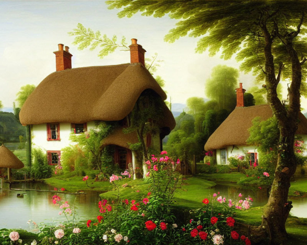 Thatched-Roof Cottages Surrounded by Pond and Greenery