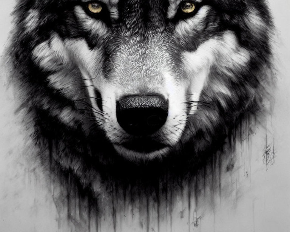 Detailed Monochromatic Wolf Face Illustration with Yellow Eyes