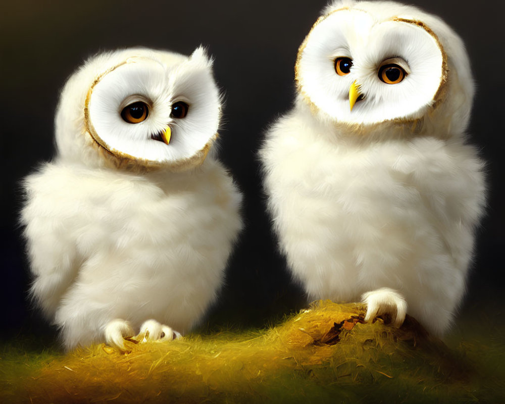 Stylized fluffy white owls with large eyes on a glowing background