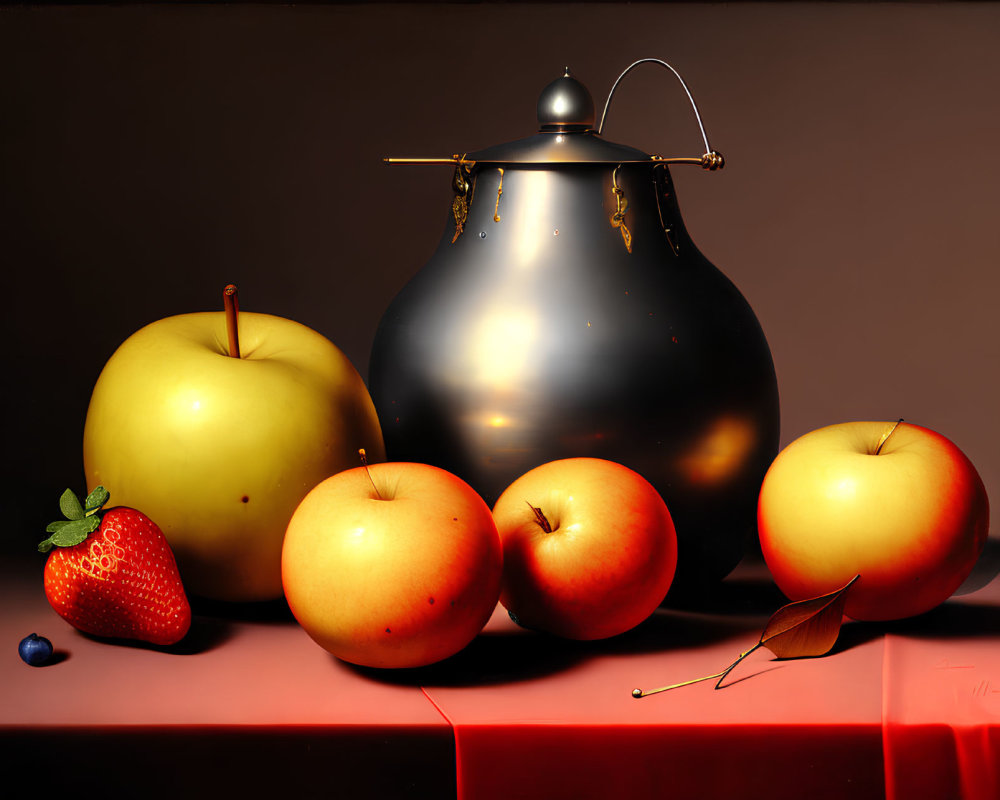 Assorted Fruit Still-Life with Reflective Jug and Fallen Leaf