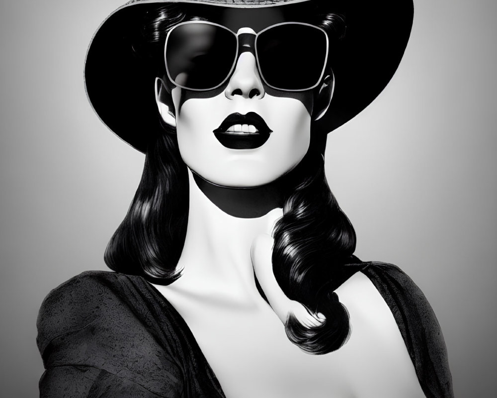 Stylized woman in monochrome with sunglasses, hat, and bold lipstick