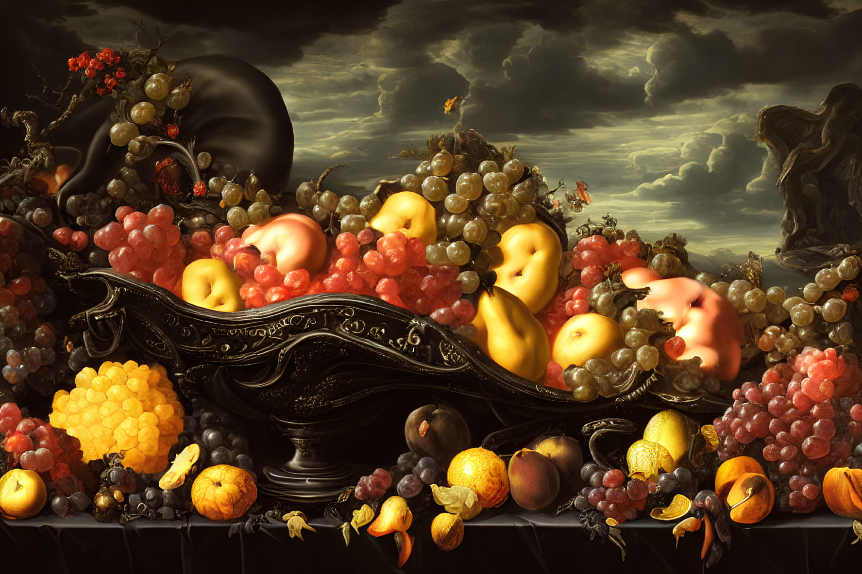 Classical baroque still life with overflowing fruit bowl