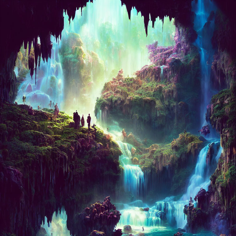 Mystical cave with vibrant flora, cascading waterfalls, and ethereal light