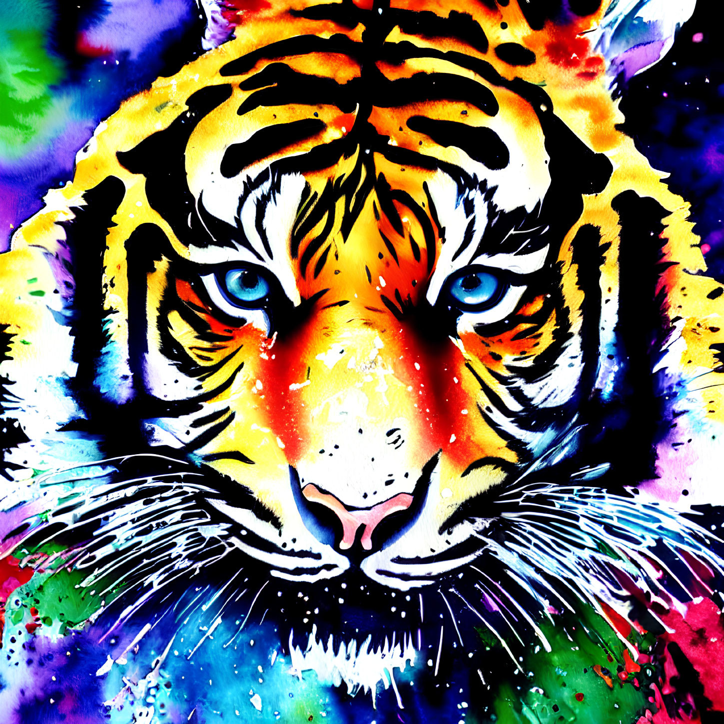 Colorful Watercolor Tiger Face Painting with Intense Eyes