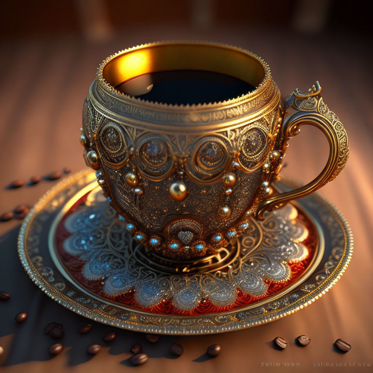 Golden Cup with Dark Liquid and Coffee Beans on Wooden Surface