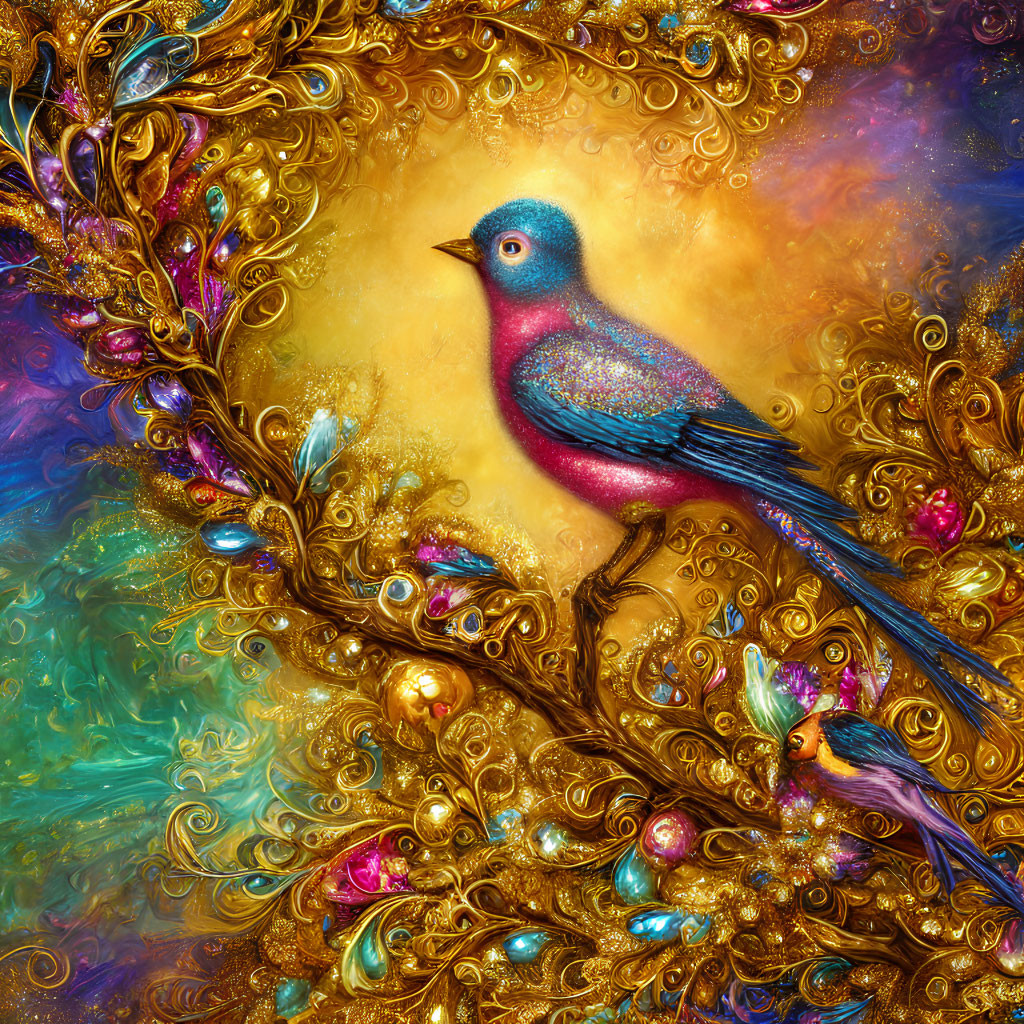 Iridescent birds in golden foliage with jeweled accents