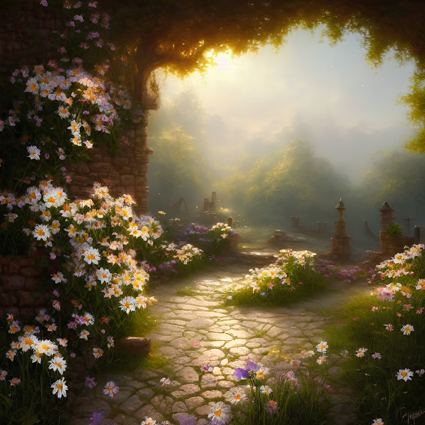 Tranquil garden path with vibrant flowers and old brick walls leading to a sunlit clearing