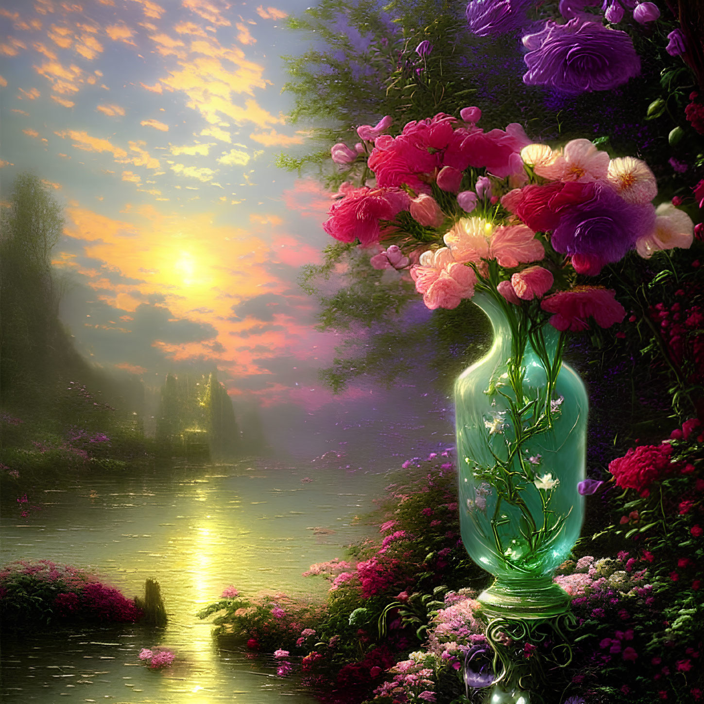 Colorful flower bouquet in green vase with sunlit waterscape and lush flora.