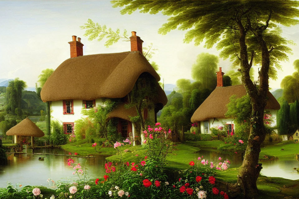 Thatched-Roof Cottages Surrounded by Pond and Greenery