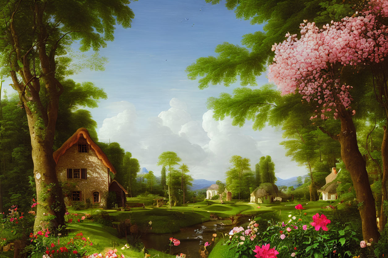 Tranquil countryside scene with cottage, trees, hills, and sky