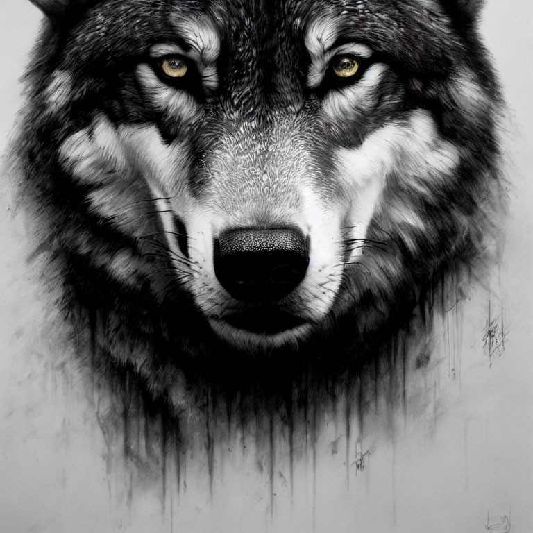 Detailed Monochromatic Wolf Face Illustration with Yellow Eyes