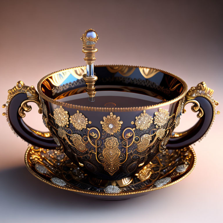 Golden cup with intricate patterns and jewels on matching saucer