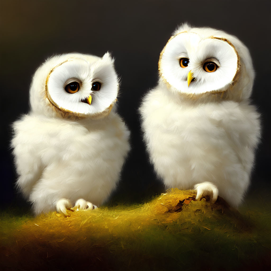 Stylized fluffy white owls with large eyes on a glowing background