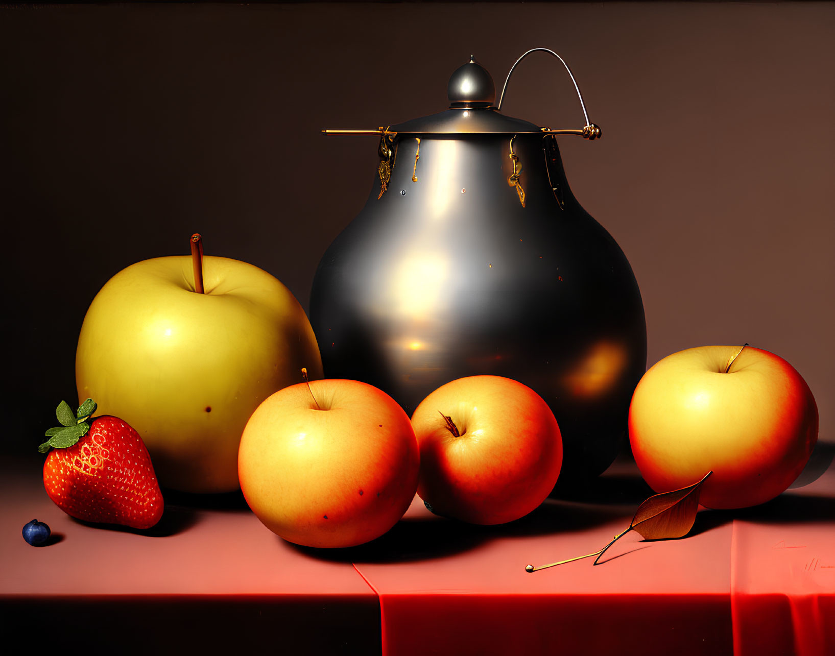 Assorted Fruit Still-Life with Reflective Jug and Fallen Leaf