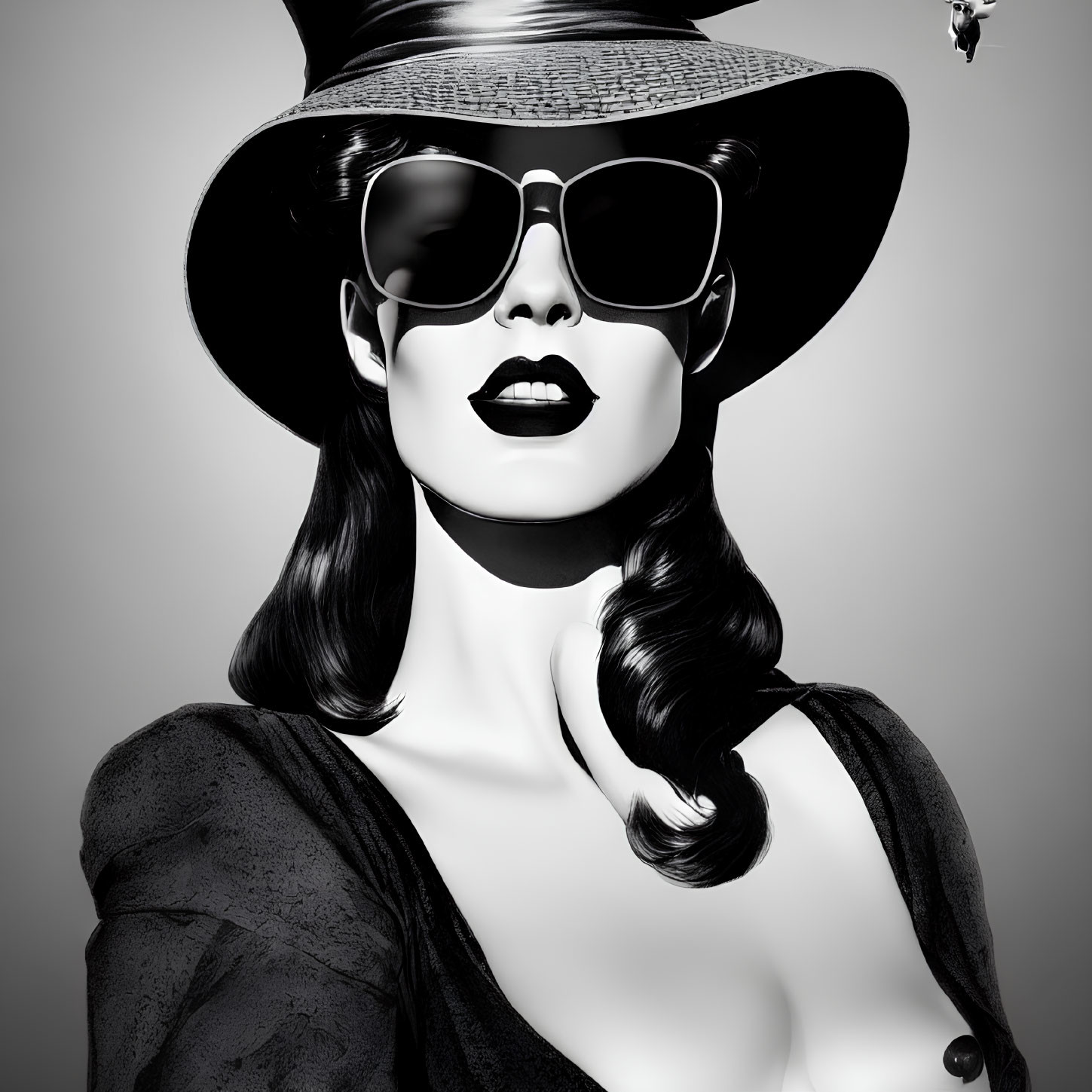 Stylized woman in monochrome with sunglasses, hat, and bold lipstick