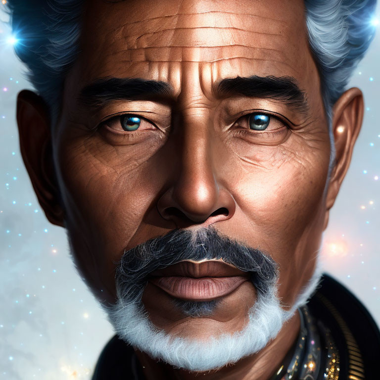 Portrait of older man with salt-and-pepper hair, mustache, and blue eyes against starry