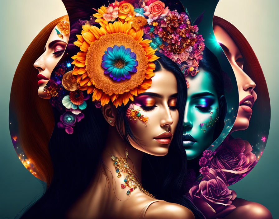 Vibrant digital artwork: Four women with floral adornments in split-composition