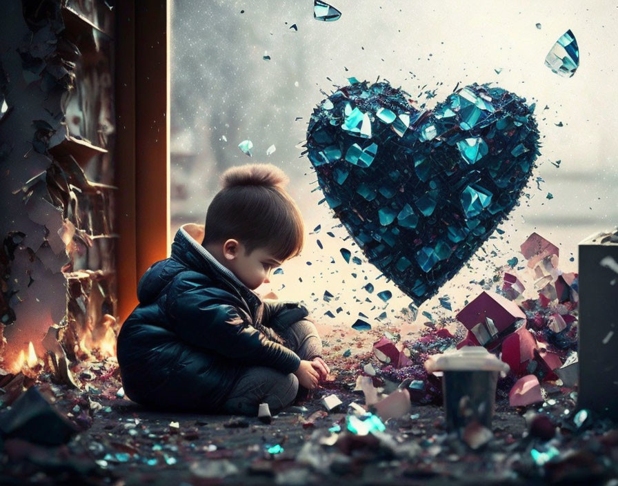 Child gazes at floating blue crystal heart amid fires and debris