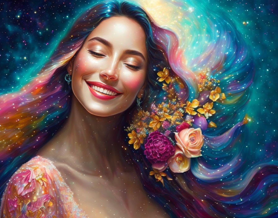 Colorful celestial-themed hair adorned with flowers on a joyful woman.