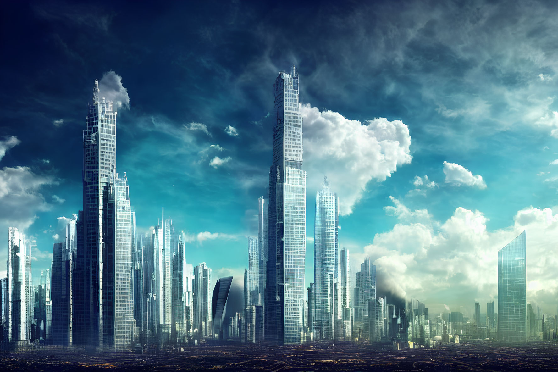 Futuristic cityscape with high-rise buildings under dramatic cloudy sky