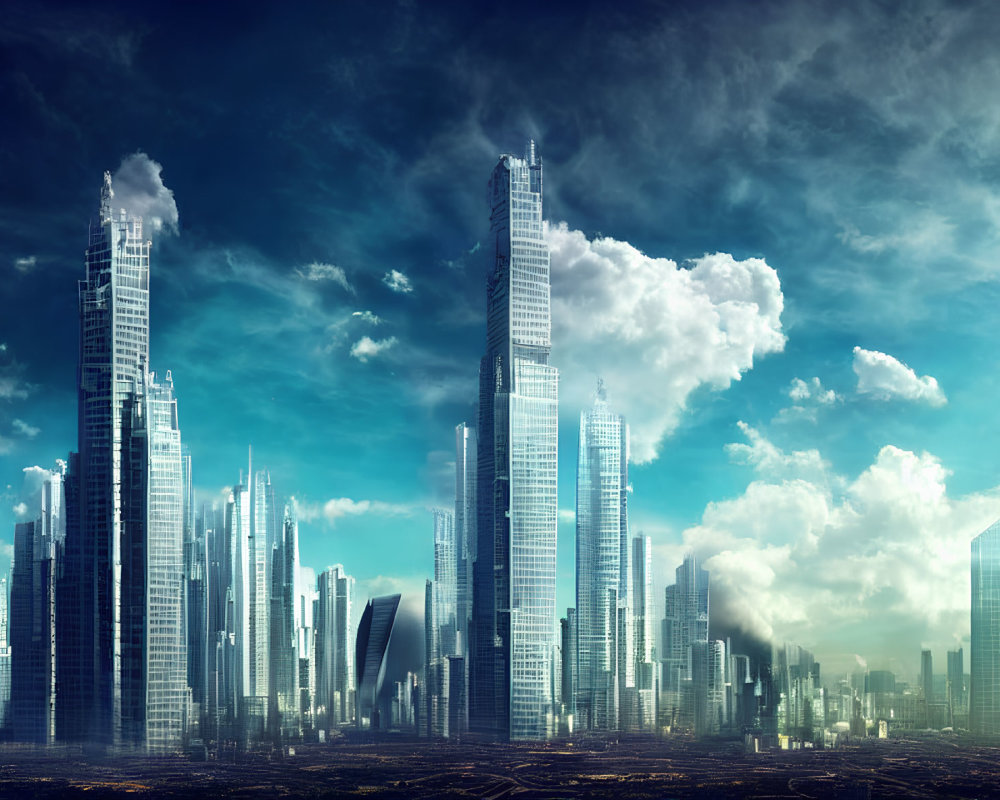 Futuristic cityscape with high-rise buildings under dramatic cloudy sky